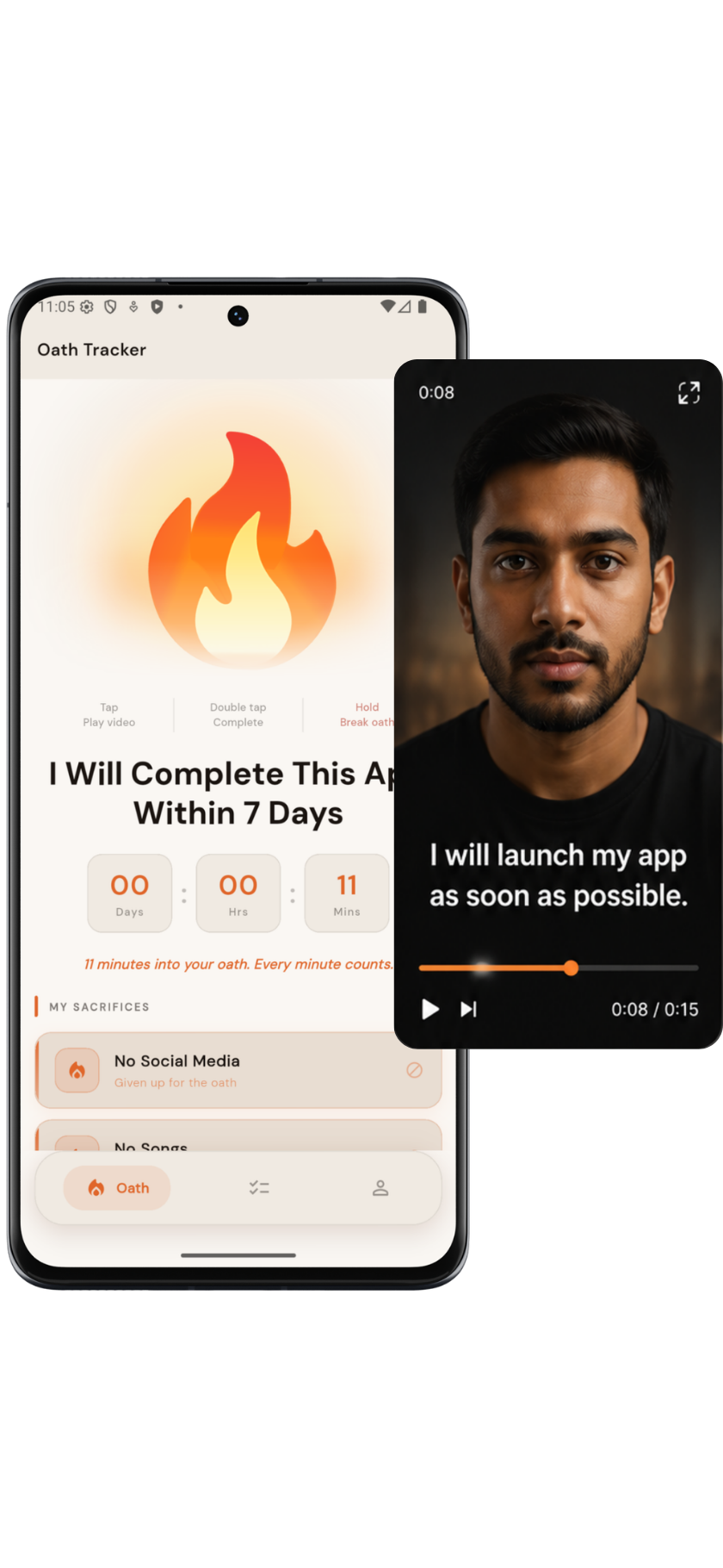 Self message video — tap the fire to watch your own voice play back