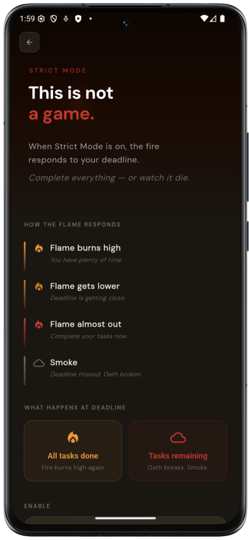 Strict mode screen showing flame states and automatic oath-break consequences