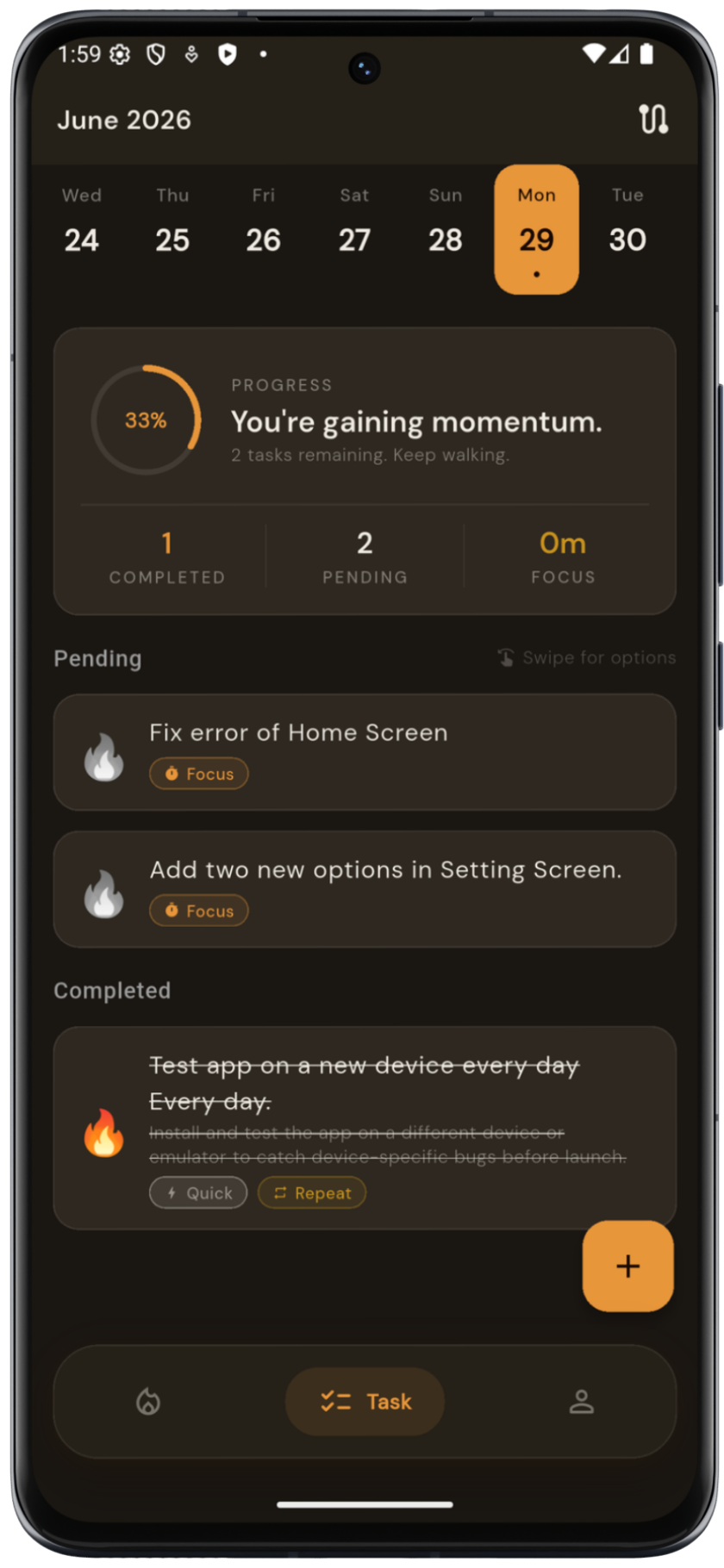 Daily tasks screen with progress ring, calendar, and task list
