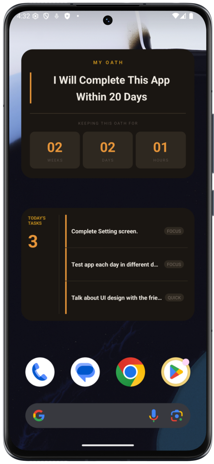 Home screen widget showing the oath countdown and live flame status